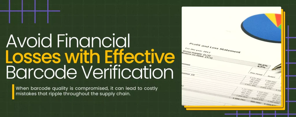 Banner image with text: 'Avoid Financial Losses with Effective Barcode Verification' and a brief note about preventing supply chain errors, featuring a financial document and pie chart