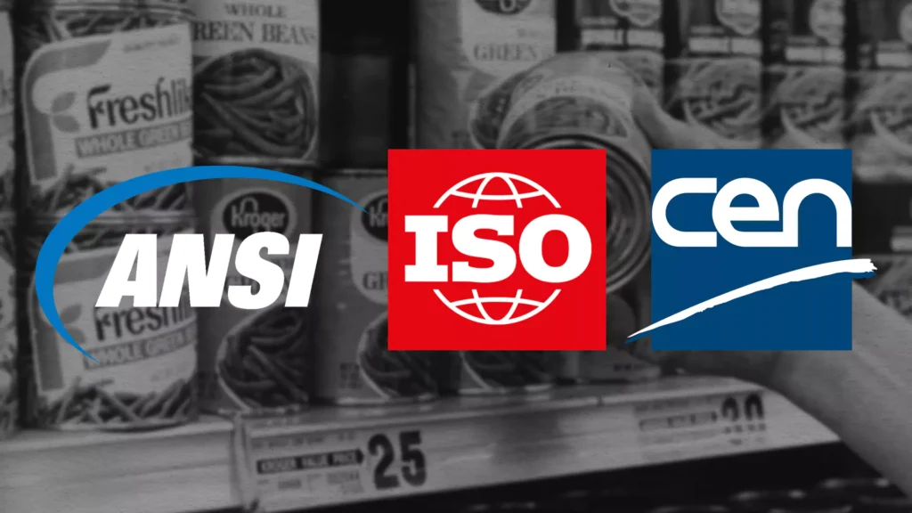 Logos of ANSI, ISO, and CEN over a black-and-white grocery store backdrop.