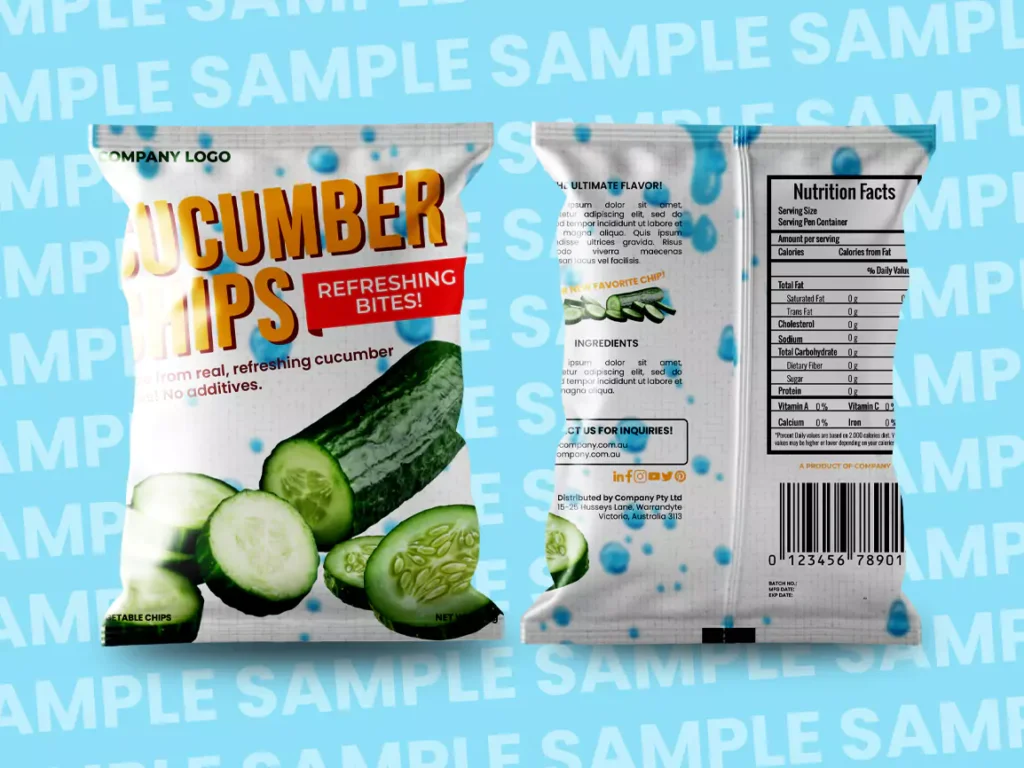 Front and back packaging design for cucumber chips, showcasing barcode placement, nutrition facts, and branding on a sample background