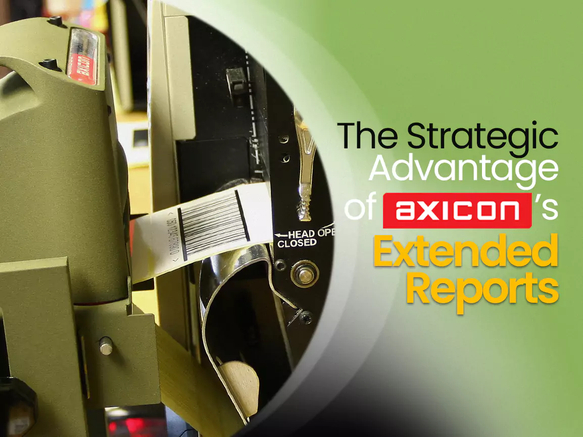 Axicon barcode verifier scanning a printed barcode for extended reporting and compliance.