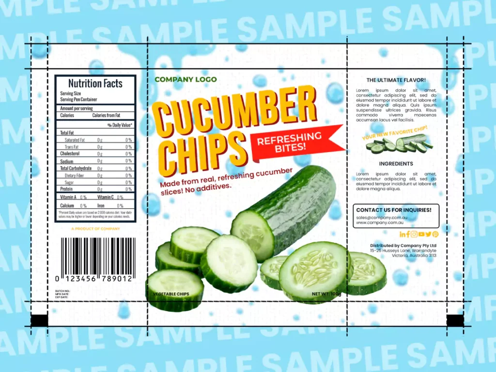 Sample product packaging for cucumber chips, divided into sections for barcode placement, nutrition facts, ingredients, and branding verification