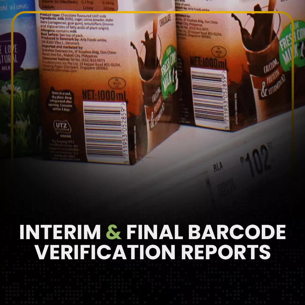 Retail product packaging with barcodes displayed on shelves, representing interim and final barcode verification reports for compliance and accuracy